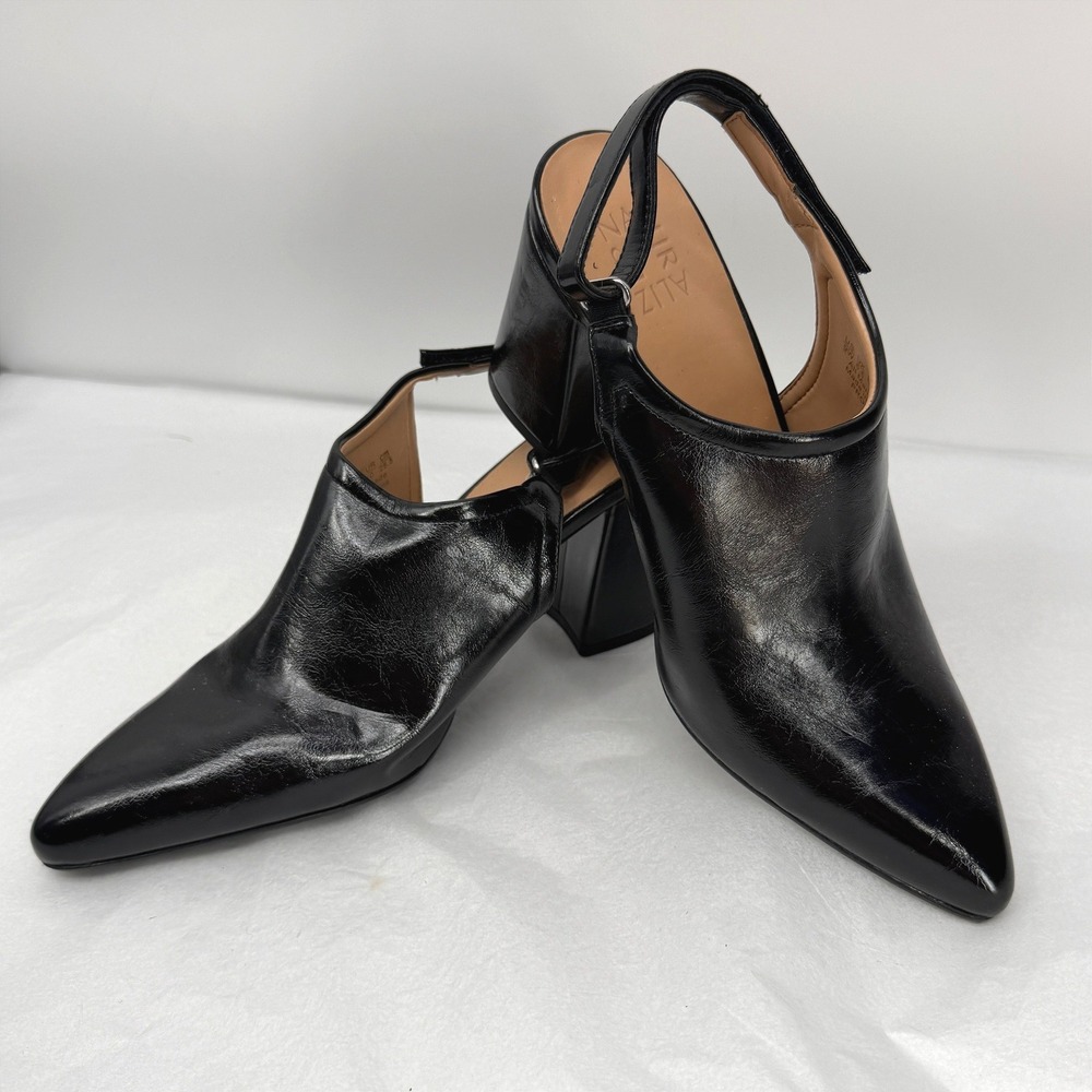 Naturalizer Slingback Pumps Patent Black Faux Leather Block Heel Pointed Size 9W